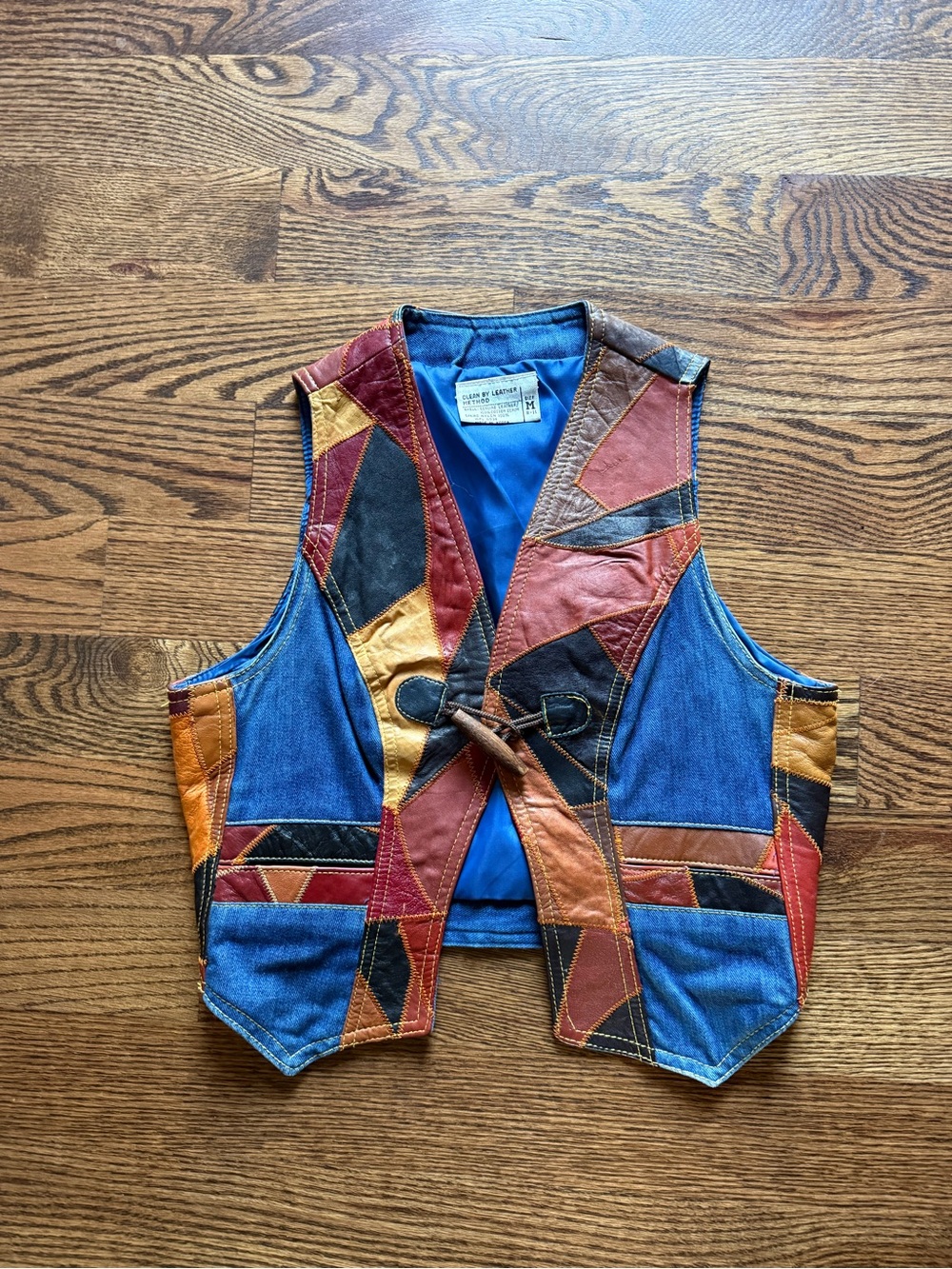 Vintage 1970s Patchwork Leather and Denim Vest - M